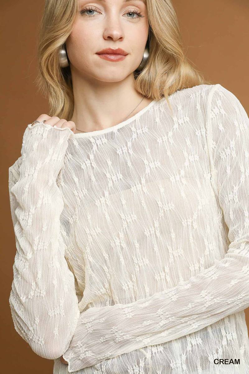 Cream Lace Textured Long Sleeve Top