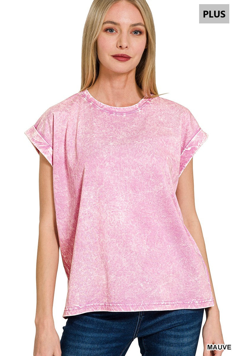 Curvy Crinkle Washed Round Neck Rolled Sleeve Tee