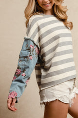 Ivory and Gray Striped Top with Denim Floral Printed Sleeves