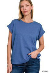 Relaxed Fit Round Neck Rolled Sleeve Top