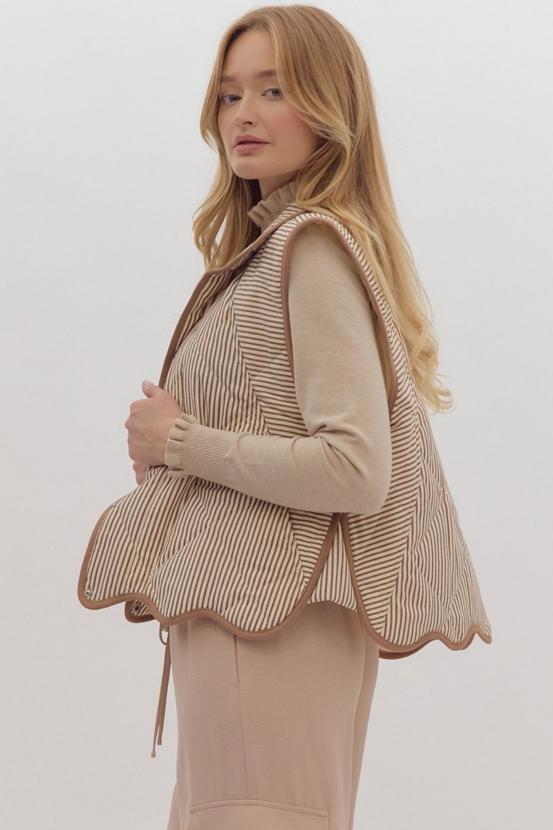 Cream & Brown Striped Vest with Scallop Hem