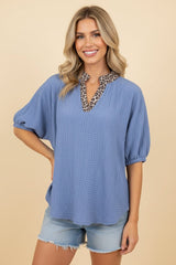 Blue Crinkle Top With Leopard Contrast Collar