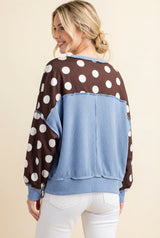 Brown Polka Dot Blue Trim Pullover