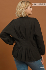 Curvy Olive Plaid Ruffle Neck Button Down Top