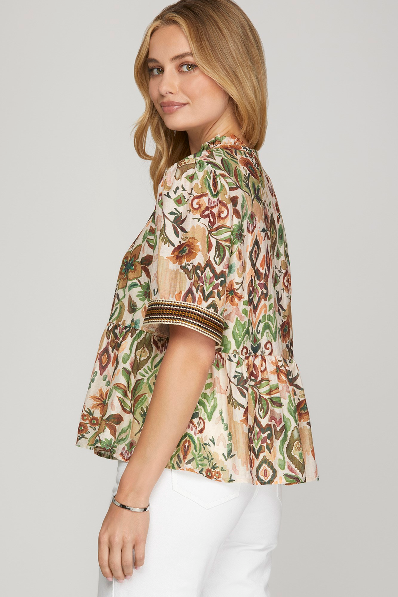 Half Sleeve Woven Print Top W/ Trim Detail on Sleeve
