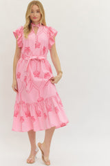 Pink Embroidered Palm Belted Midi Dress