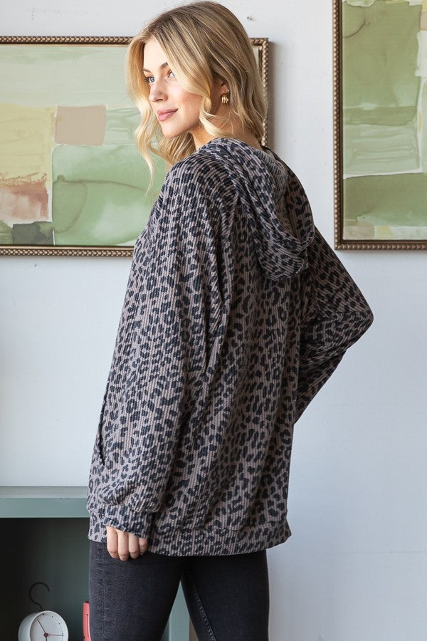 Curvy Gray Leopard Print Ribbed Hoodie