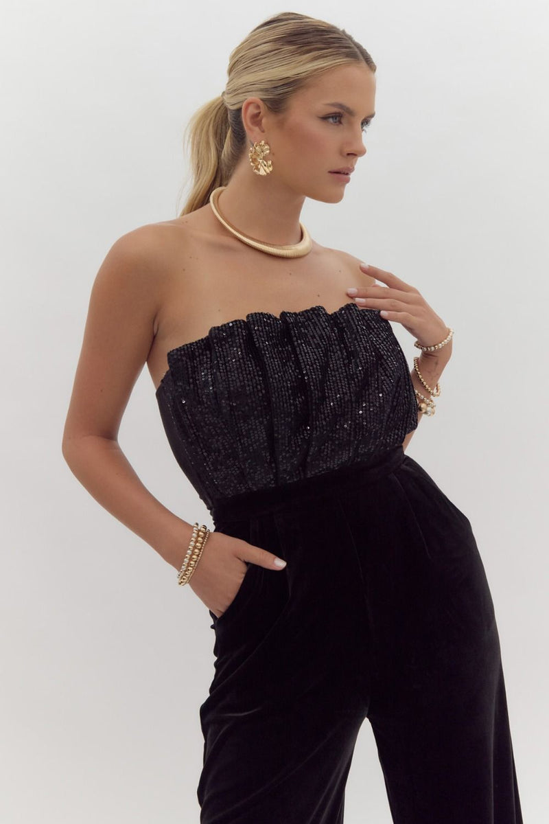 Black Strapless Sequin Top Jumpsuit