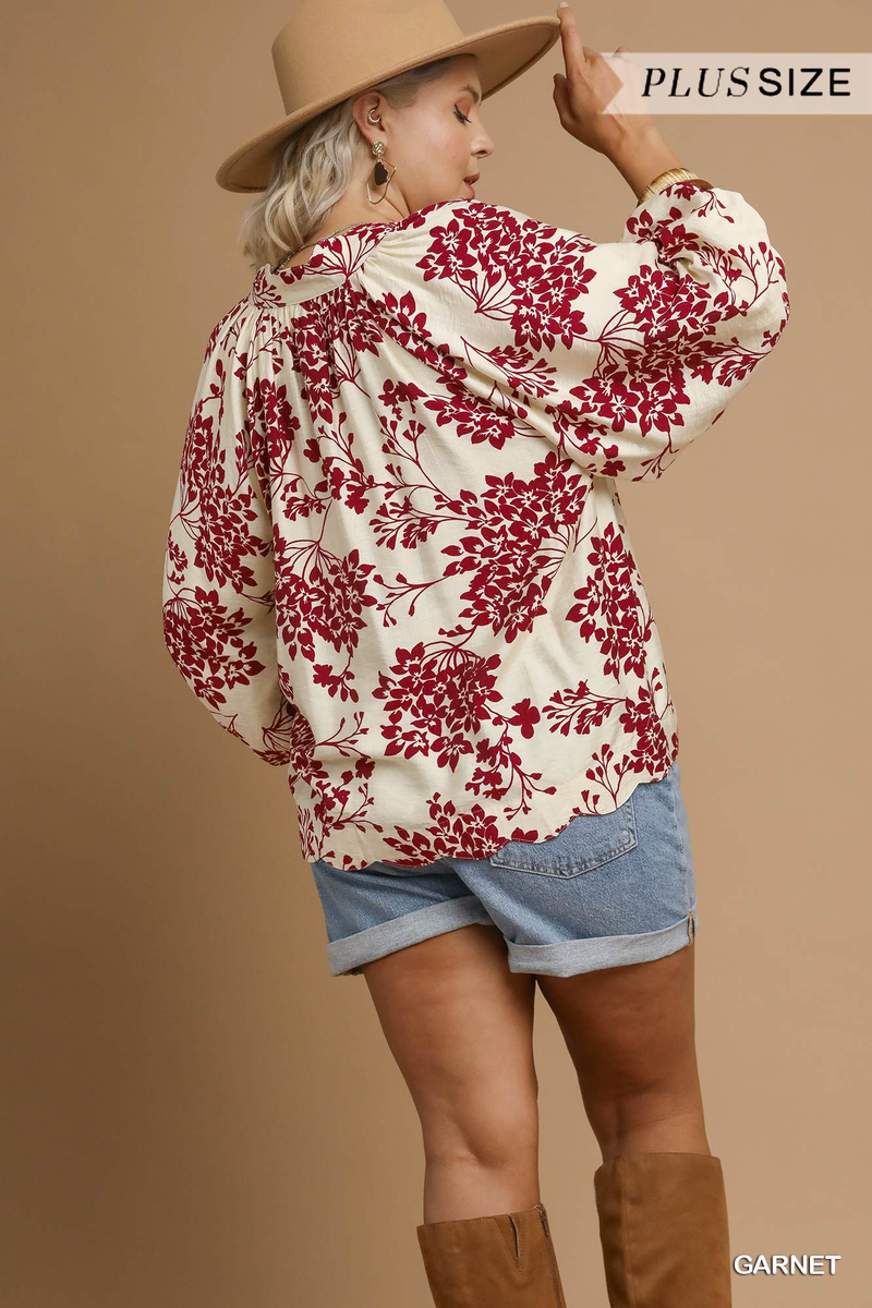 Curvy Garnet Puff Sleeve V Neck Top