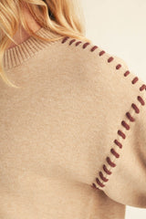 Oatmeal Drop Sleeve Whipstitch Trim  Sweater
