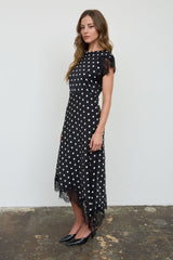 Black Polka Dot Lace Trim Midi Dress