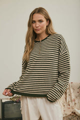 Button Henley Stripe Long Sleeve Drop Shoulder Sweater