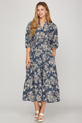 Dusty Blue Floral V-Neck Dress