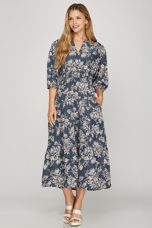 Dusty Blue Floral V-Neck Dress