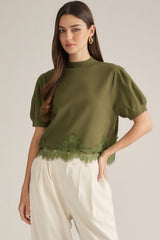 Olive Short Puff Sleeve Mock Neck Lace Trim Top