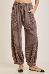 Brown Mineral Washed Leopard Balloon Lounge Pants