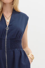 Navy Blue Romper with Zipper & Scrunch Waist