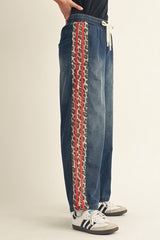 Leopard Red Trim Drawstring Waist Jeans