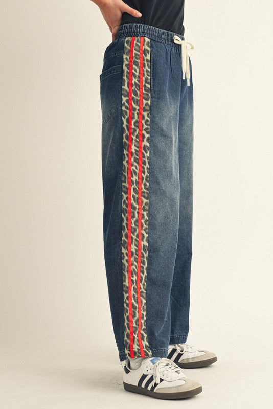 Leopard Red Trim Drawstring Waist Jeans