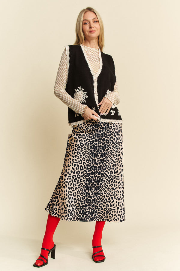 Leopard Print Silky Long Skirt with Zipper