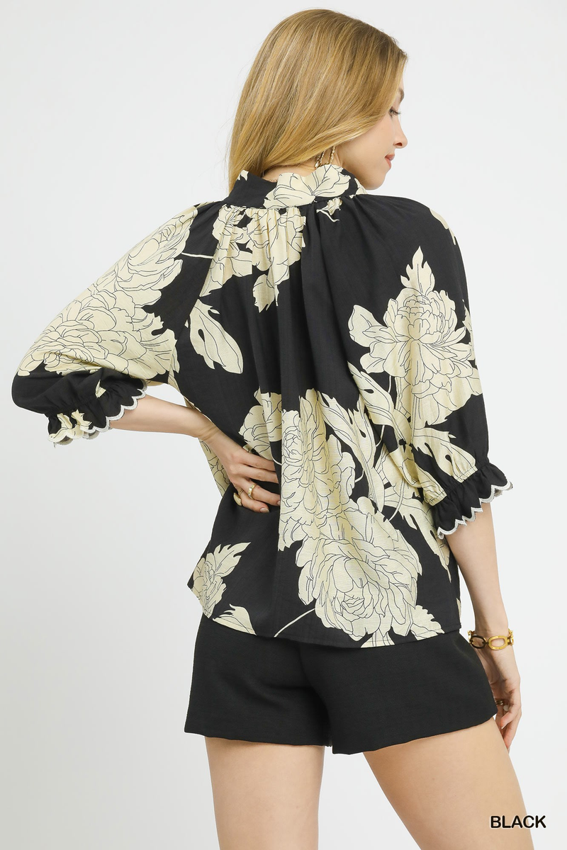 Black Floral Printed V Neck Top