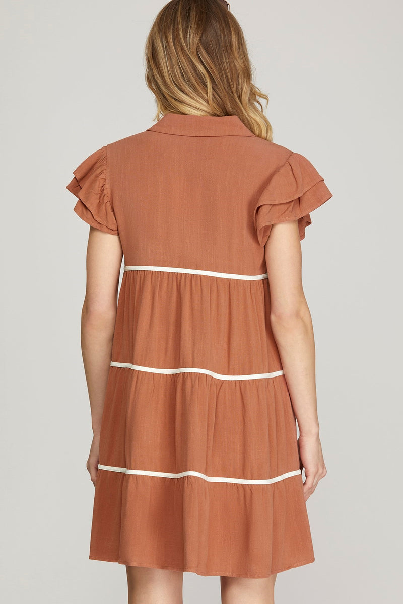 Rust Linen Ric Rac Button Detail Dress