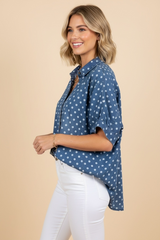 Denim Polka Dot Dolman Sleeve Top