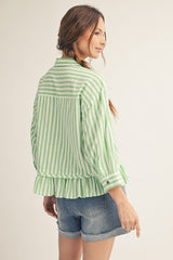 Green and White Stripe 3/4 Sleeve Pleated Ruffle Hem Top