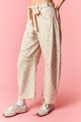 Pink Ditsy Floral Barrel Leg Denim Pants with Tie