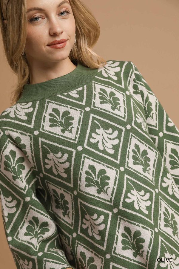 Olive Patterned Mock Neck Sweater