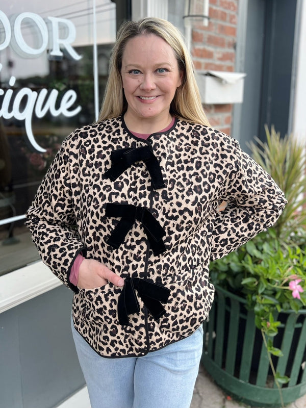 Leopard Tied Long Sleeve Quilted Jacket