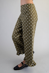 Olive Polka Dot Ruffle Hem Pants
