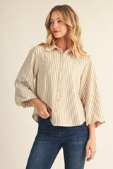 3/4 Puff Sleeve Scallop Trim Buttom Front Top