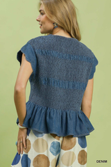 Chambray Smocked Scalloped Sleeve Top