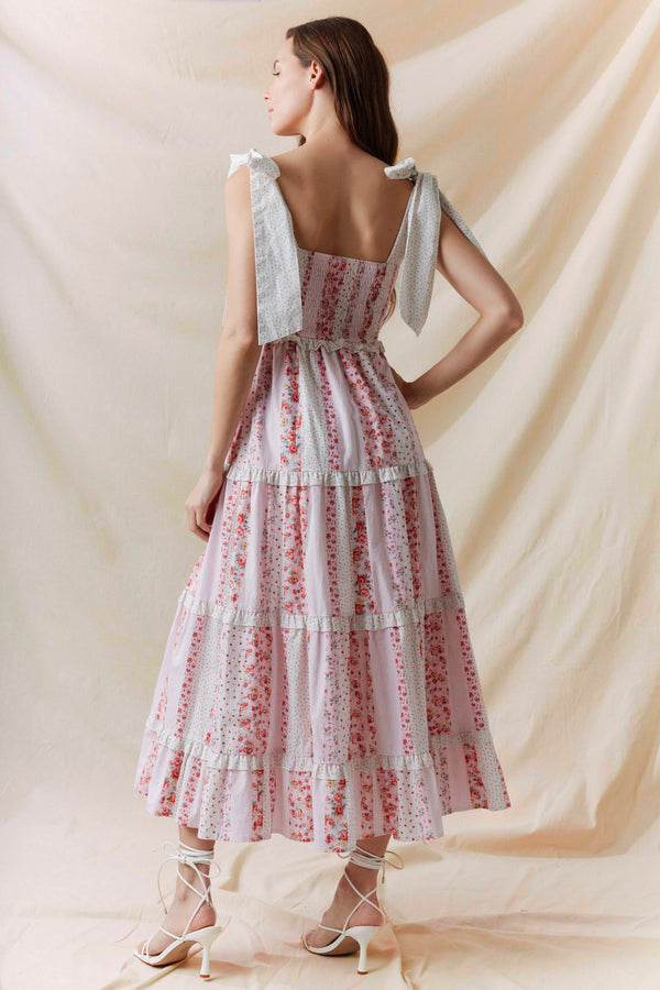 Cotton Poplin Multi Floral Printed Tie Maxi Dress