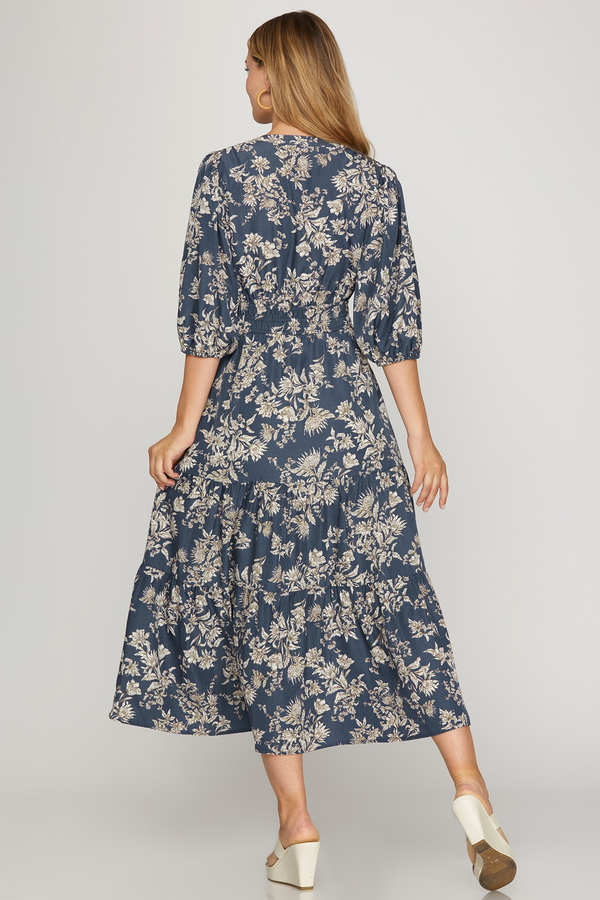 Dusty Blue Floral V-Neck Dress