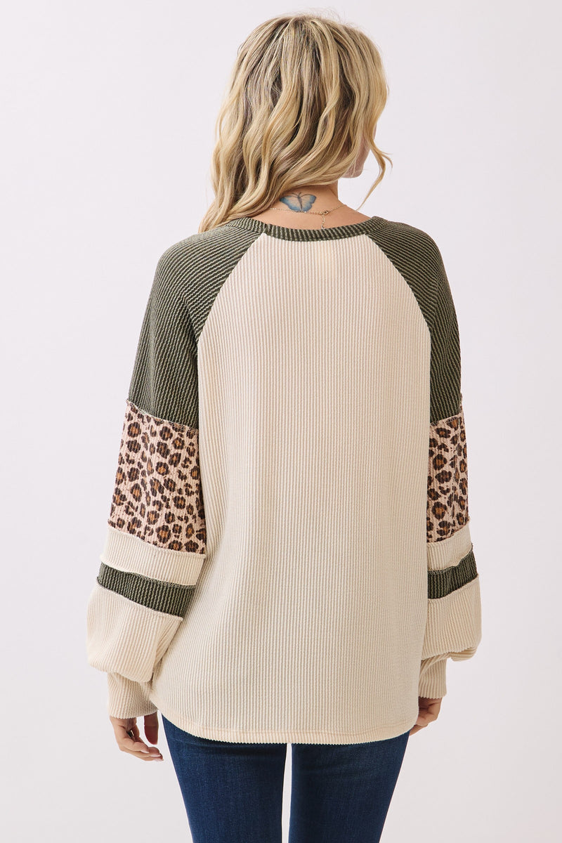 Olive and Leopard Contrast Raglan