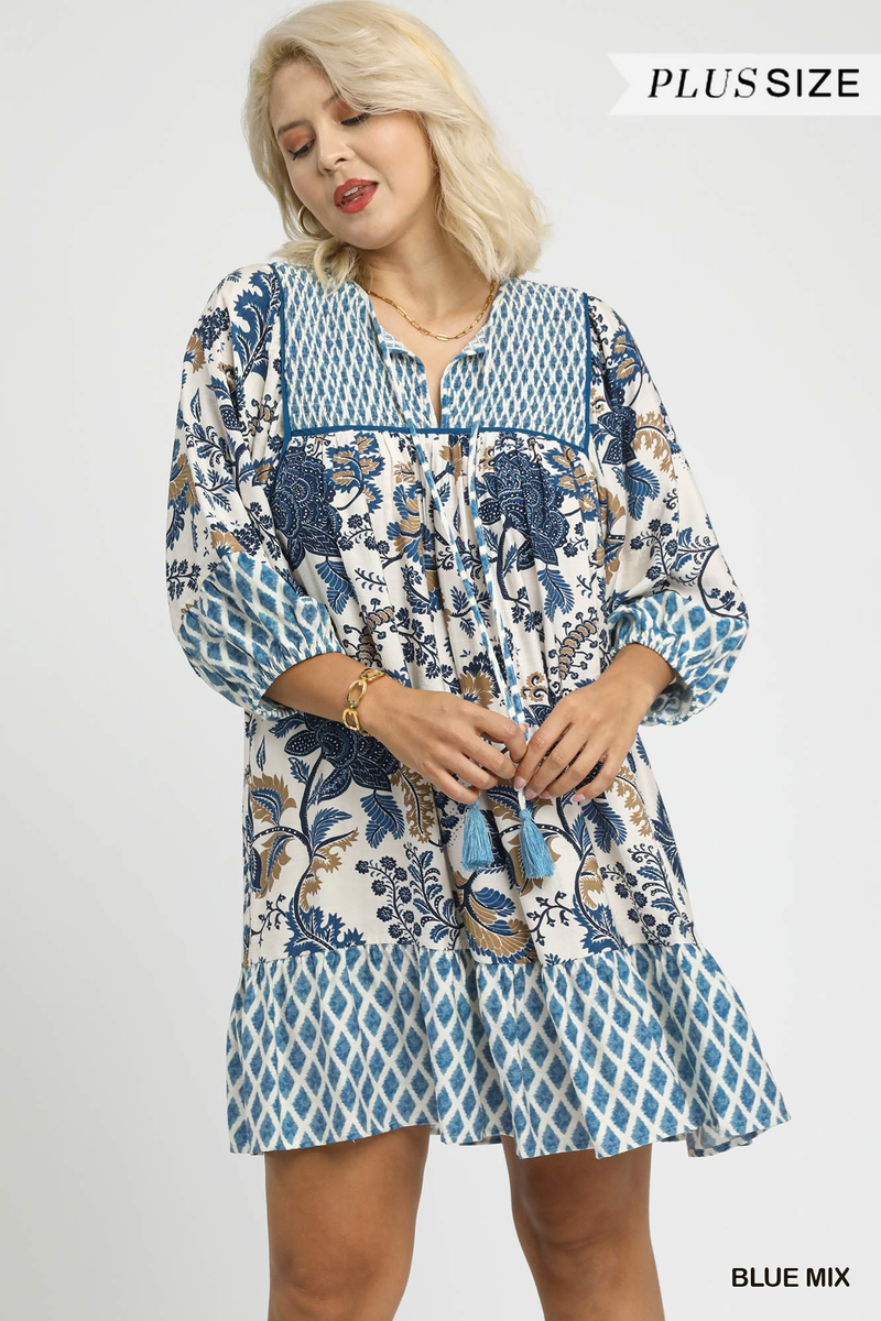 Curvy Blue Mixed Print Dress
