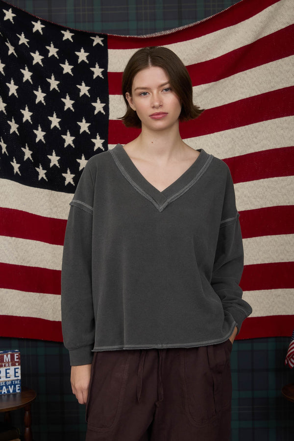Washed Exposed Seam Side Slit Long Sleeve Top