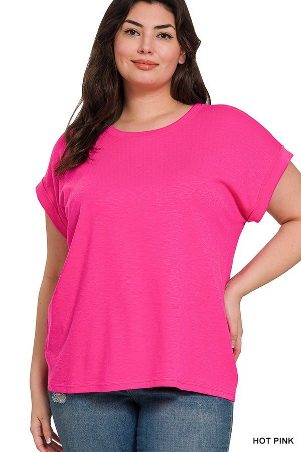 Curvy Relaxed Fit Round Neck Rolled Sleeve Top