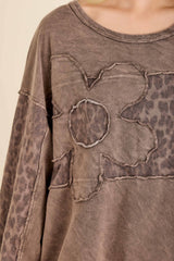 Brown Mineral Washed Leopard Daisy Patched Top