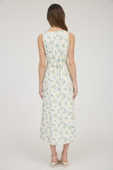 Ivory Blue Floral Button Down Dress with Slit