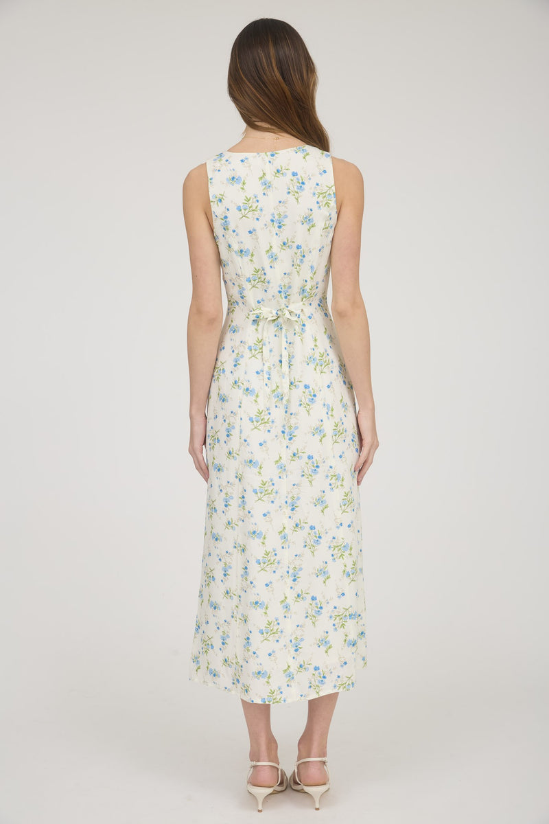 Ivory Blue Floral Button Down Dress with Slit