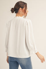 Off White Puff Sleeve Ruffled Neck Top