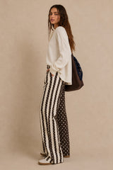 Brown Mix Dot and Stripe Panel Wide Leg Pants