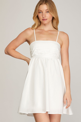White Pleated Front Tie Back Dress
