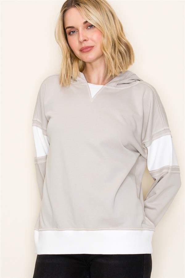 Taupe Contrast Ribbed Hooded Top