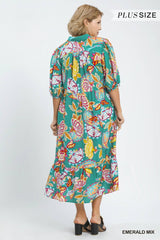 Curvy Emerald  Paisley Print V Neck Dress