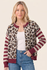 Leopard Jacquard Stripe Color Blocked Cardigan