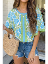 Blue and Green Floral Ruffle Sleeve Top